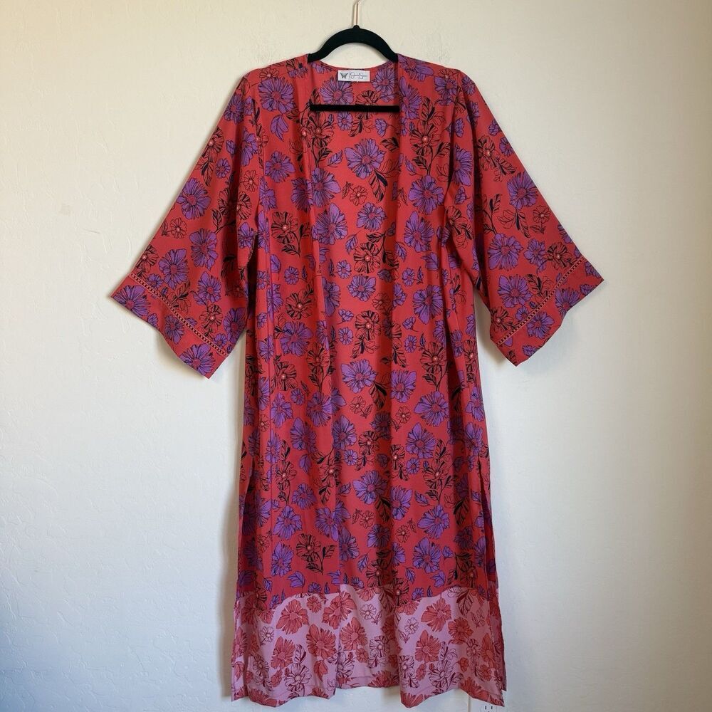 Jessica Simpson Floral Long Line Kimono Duster Boho Vacation Festival Resort